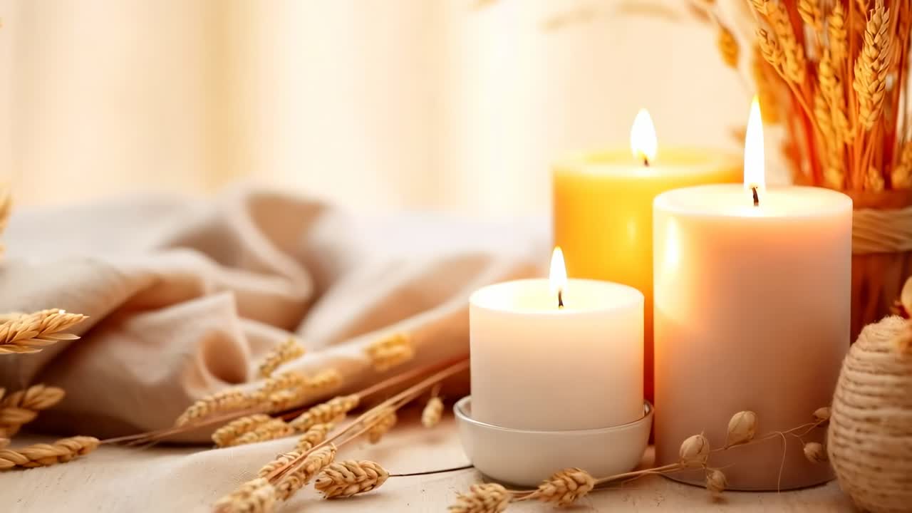 Warm, cozy video scene of lit candles on a rustic table with dried wheat