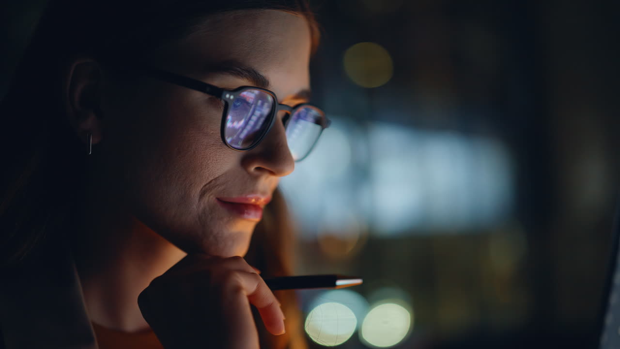 Trader hand examining diagram on monitor at night closeup. Broker working pc