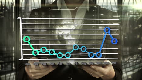 animación de gráficos sobre la sección media de la mujer de negocios caucásica sosteniendo la tableta