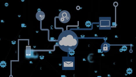 animación de la red de conexiones con iconas en la nube y digitales