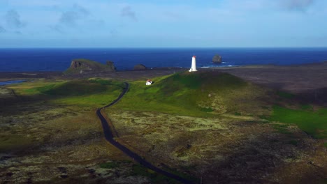 Aerial-View-Of-Lighthouse-On-Reykjanes-Peninsula-In-Iceland---drone-shot