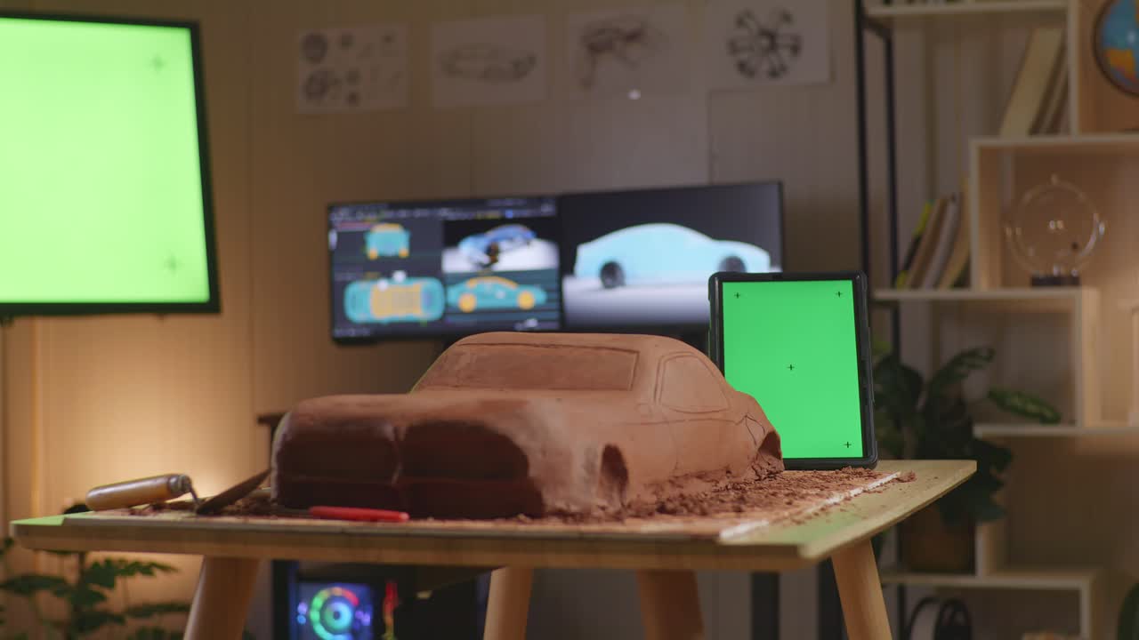 la escultura de arcilla del coche al lado de la tableta de pantalla verde está en la mesa en el estudio con pantalla verde tv y computadoras muestran modelo de coche eléctrico 3d