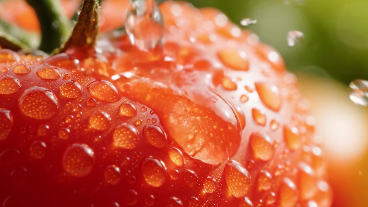 Primo piano di un pomodoro fresco e succoso che luccica di rugiada mattutina, evidenziando il suo vibrante colore rosso e la consistenza polposa, circondato da un lussureggiante fogliame verde.