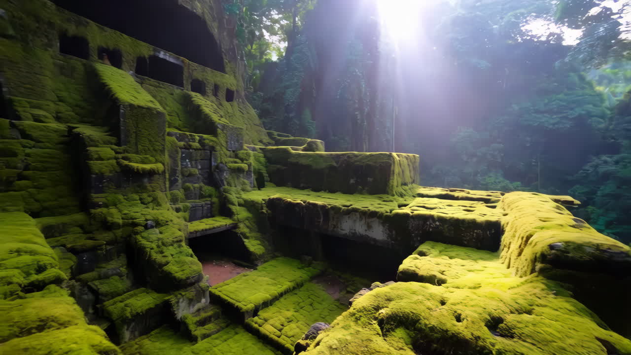Ancient Ruins Covered in Moss, Bathed in Sunlight