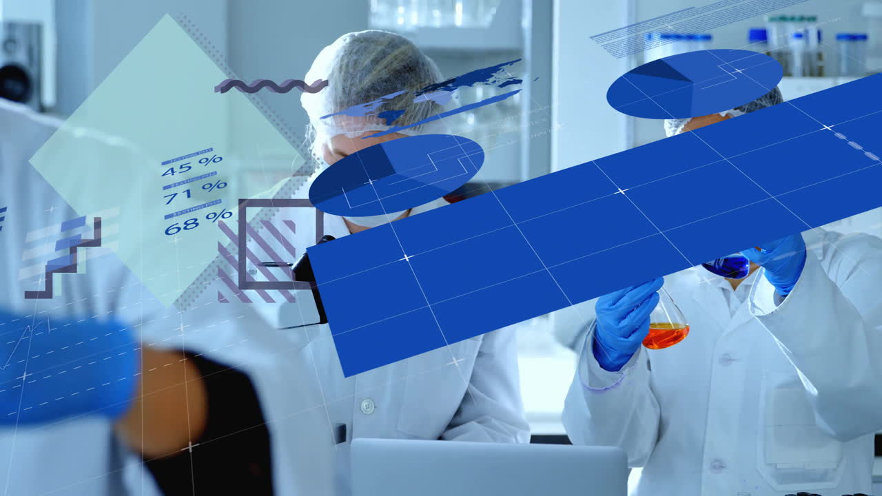 In lab, scientists analyzing data with animation of charts and graphs overlay