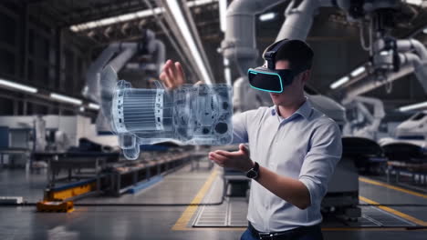 man using vr headset to interact with holographic machine model in a factory