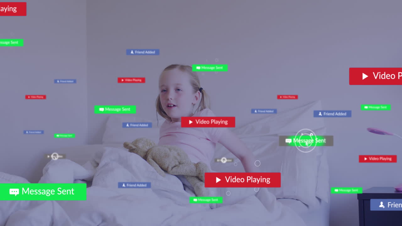 animación de iconos de las redes sociales flotando sobre una chica caucásica despertando en la cama en casa.