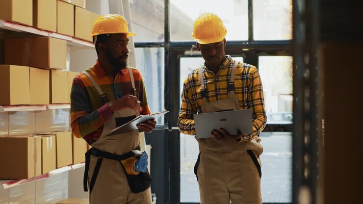 Warehouse workers inspecting inventory
