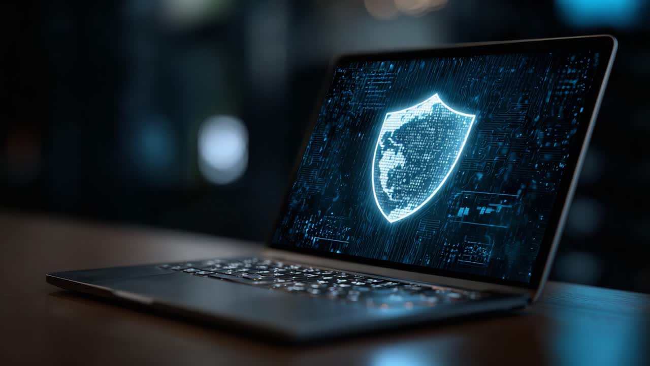 A sleek laptop displaying a digital shield that symbolizes cybersecurity, showcasing advanced protection in a tech-savvy environment, emphasizing data security and modern technology
