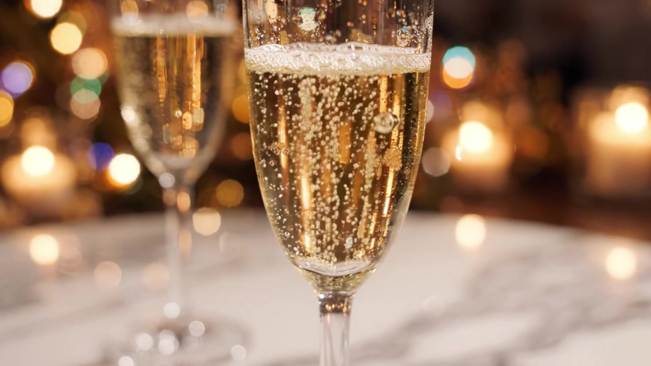 Una celebrazione dell'eleganza: calici di champagne scintillanti colmi di bollicine, circondati da un caldo bagliore di soffusa luce di candela e luci scintillanti.