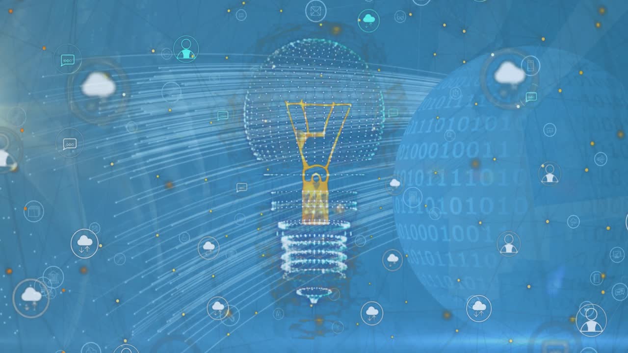 추상적인 배경에 대한 지구상의 이진 코드 위에 3d 전구 위의 아이콘의 애니메이션