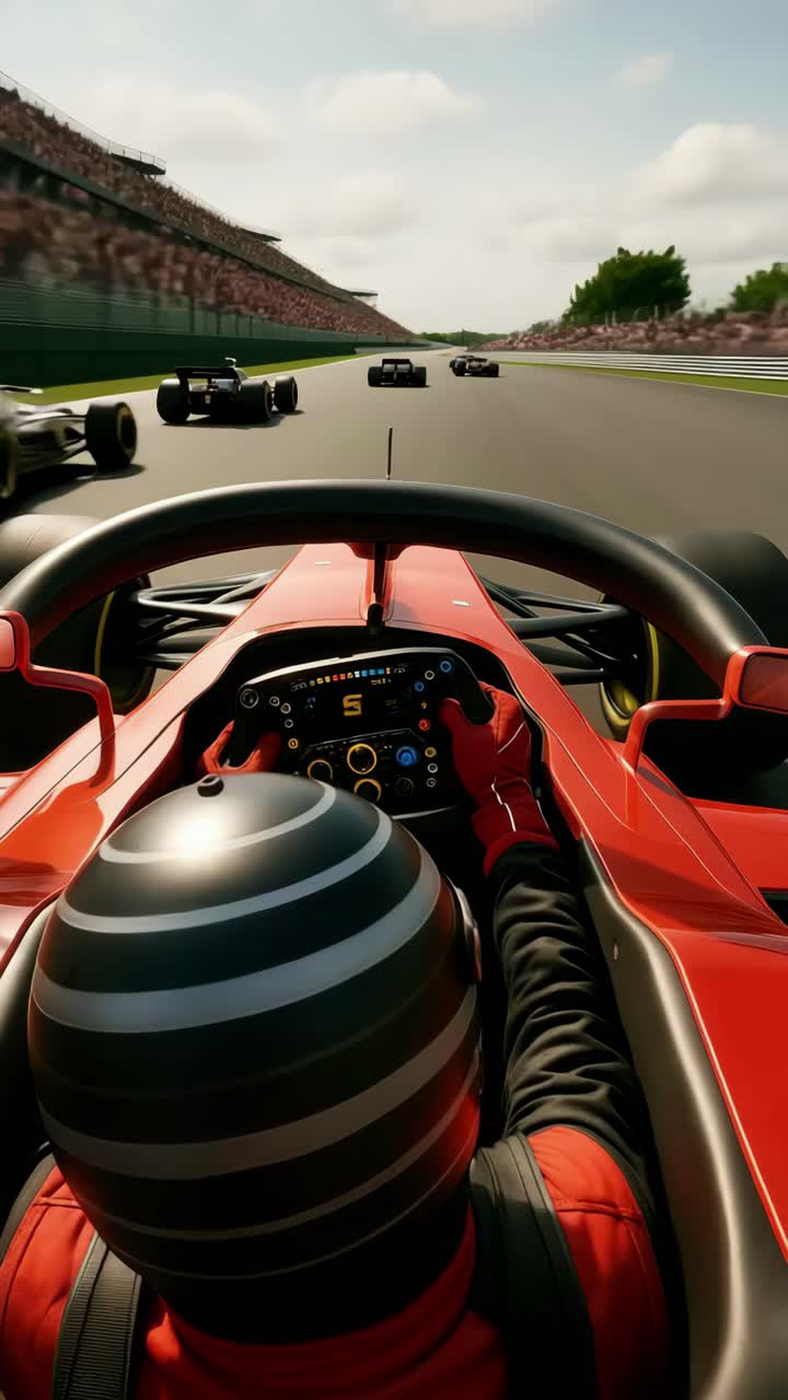 POV video style of a race car driver on a track, capturing the thrilling speed and competition