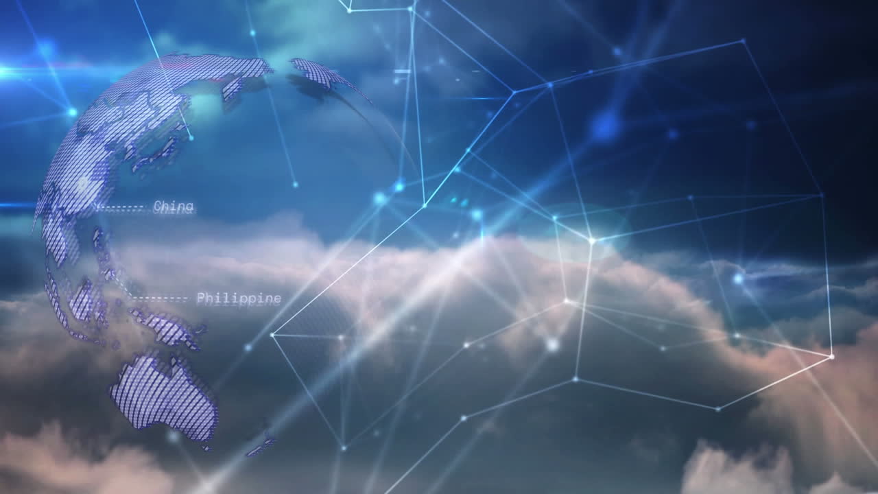 Animation of network of connections and spinning globe against clouds in the sky
