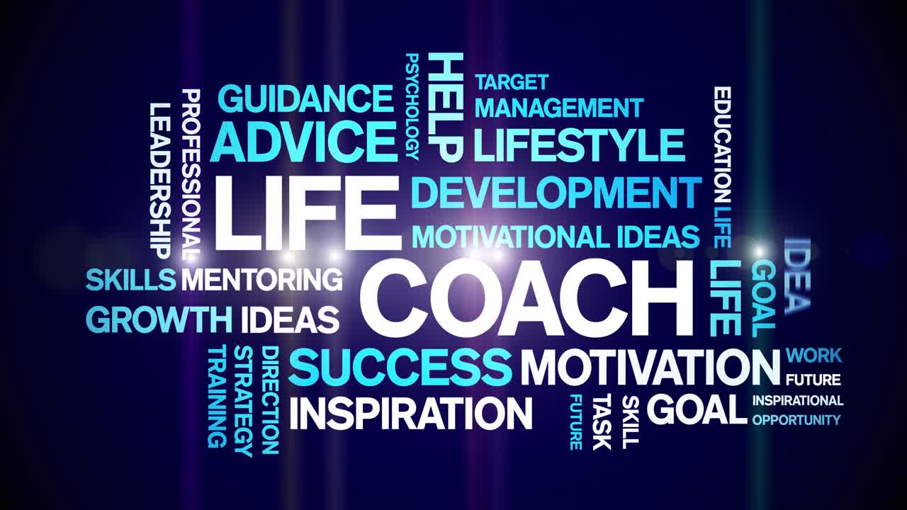 el entrenador de vida animado nube de palabras, animación tipografía cinética bucle sin fisuras.