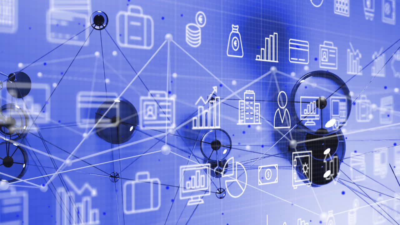 Reflective black nodes spinning in blue grid 3D render, with credit card and money bag icons