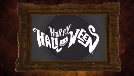 animation of vintage frame over happy halloween in background