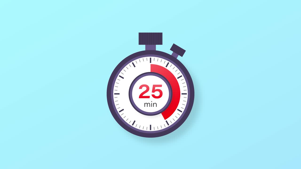 The 25 minutes timer. Stopwatch icon in flat style. Motion graphics.