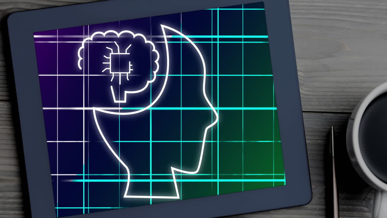 Animation of ai icon and data processing over tablet screen on desk