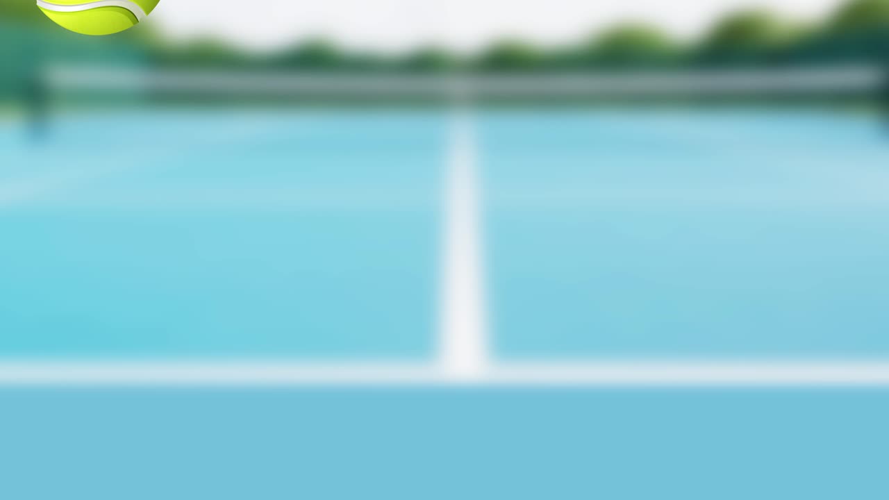 A tennis ball bounces energetically across a bright blue court, capturing dynamic motion and vibrant colors in a seamless loop