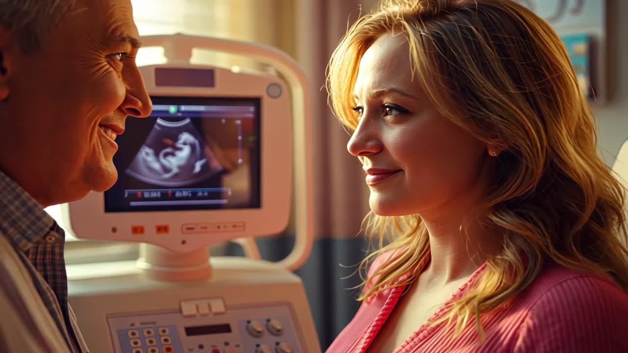 Watching ultrasound screen showing fetal sonogram for prenatal checkup, patient wearing pink top