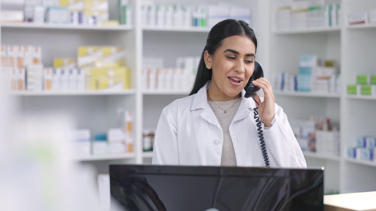 farmacéutico, mujer india y llamada telefónica