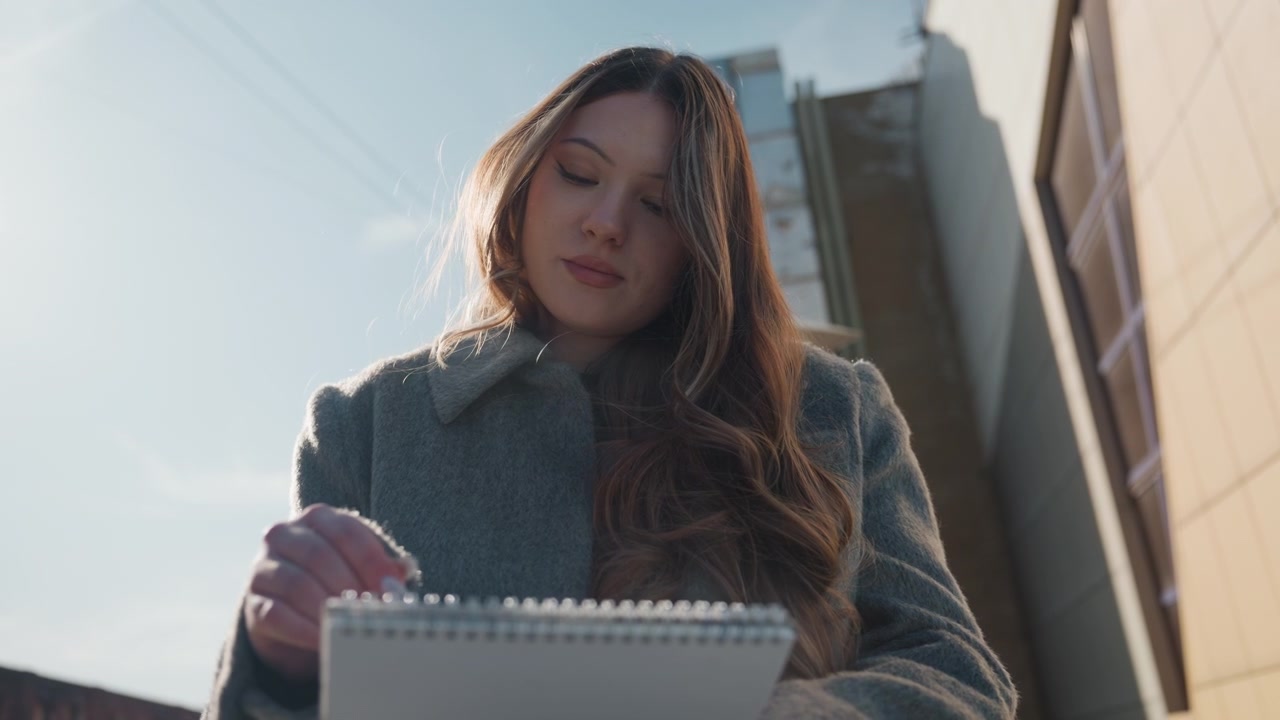 Bella artista asiatica concentrata su uno schizzo, terrazza urbana illuminata dal sole con taccuino e penna, movimento della mano deliberato ed espressione concentrata, cappotto di lana e sfondo di un edificio moderno, studio cinematografico.