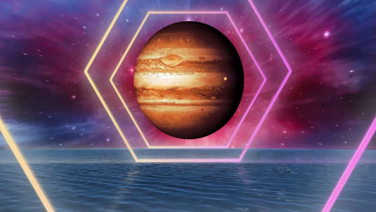 Animation of colourful shapes over planet and water on sky with stars