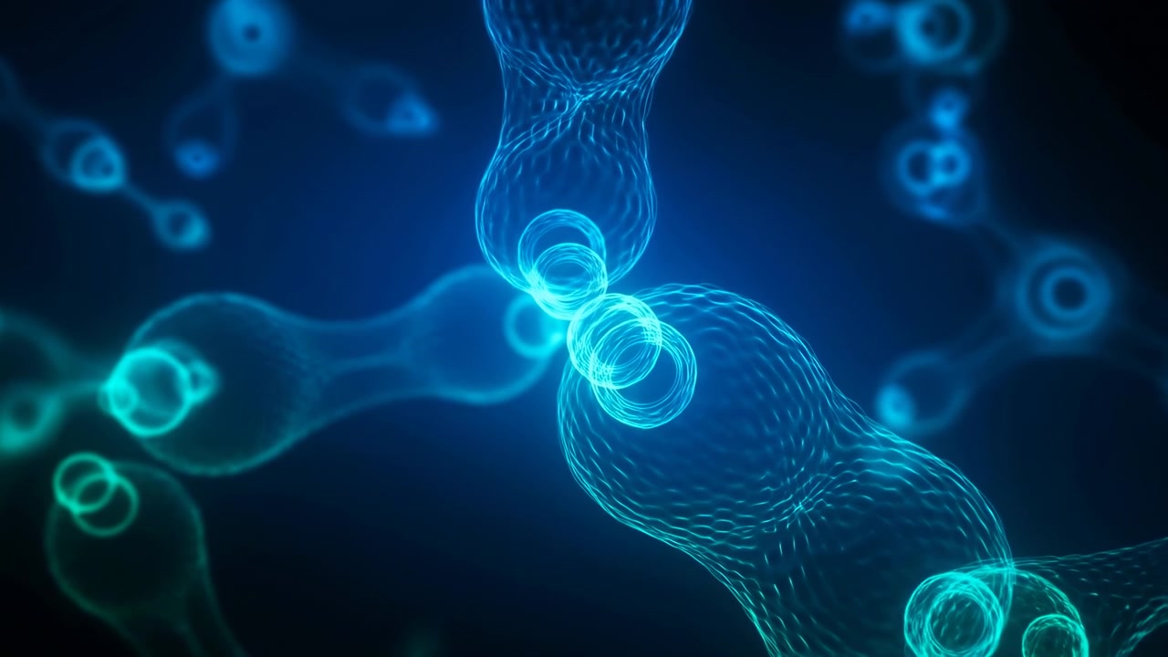 Abstract blue and cyan luminous spheres and connecting mesh lines float across a dark backdrop, with a bright cluster in the center and softly blurred