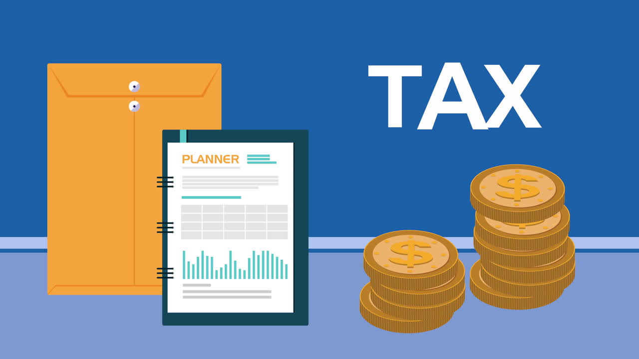 анимация налогового дня с документами и монетами в долларах