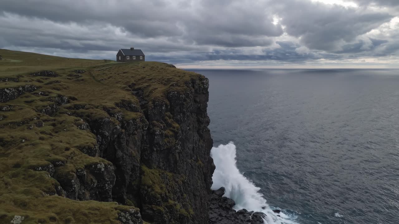 Dramatic landscape showing a solitary house perched on a cliff edge, overlooking a vast ocean under a cloudy sky, evoking a sense of remoteness and tranquility in the Faroe Islands