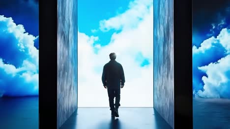 a man walking through an open door to a blue sky with clouds