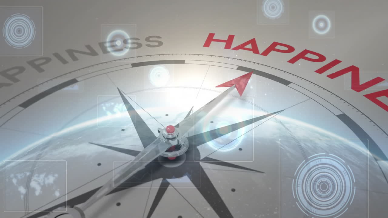 Compass pointing towards happiness with digital animation overlay in school setting