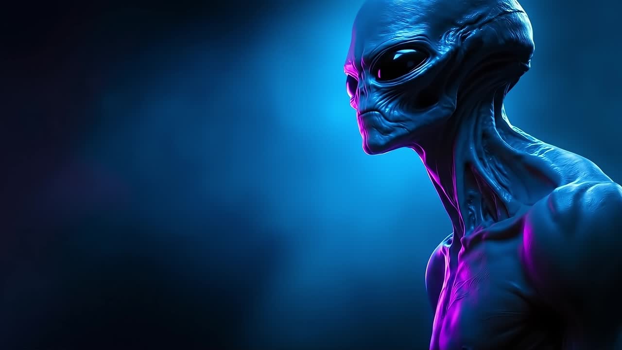 An alien with glowing eyes and a blue background