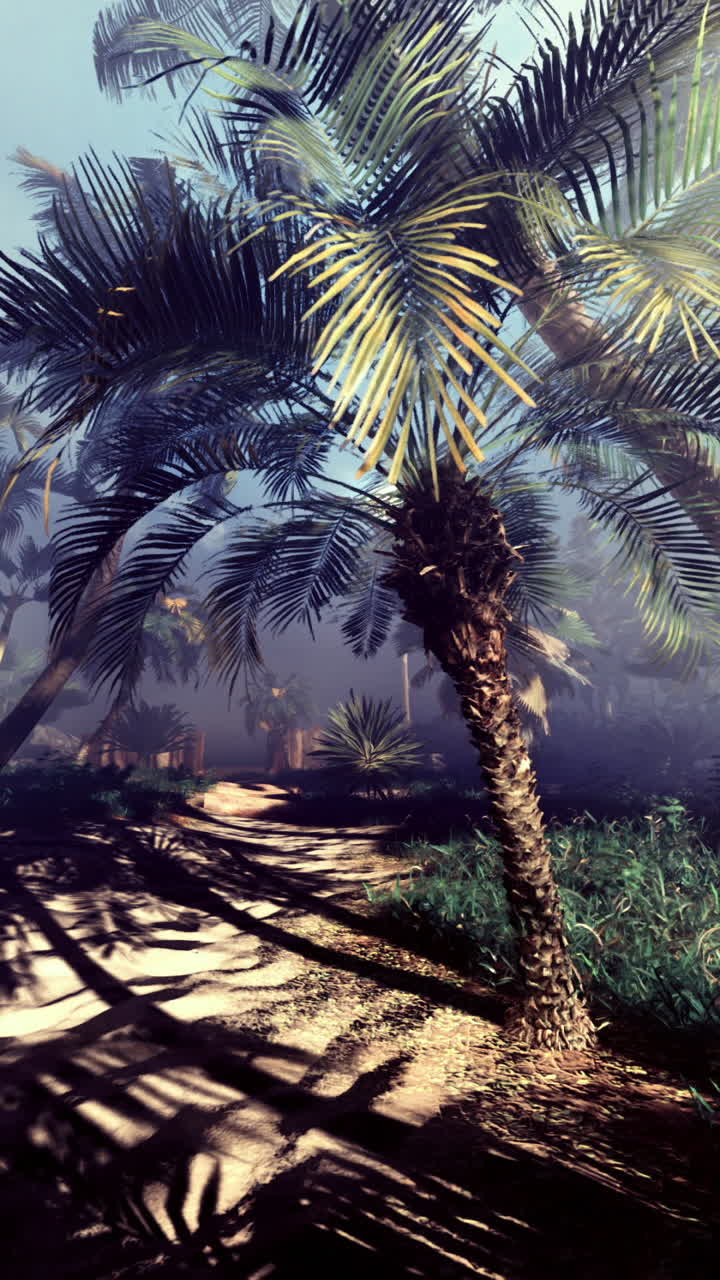 Lush tropical pathway framed by palm trees in misty morning light