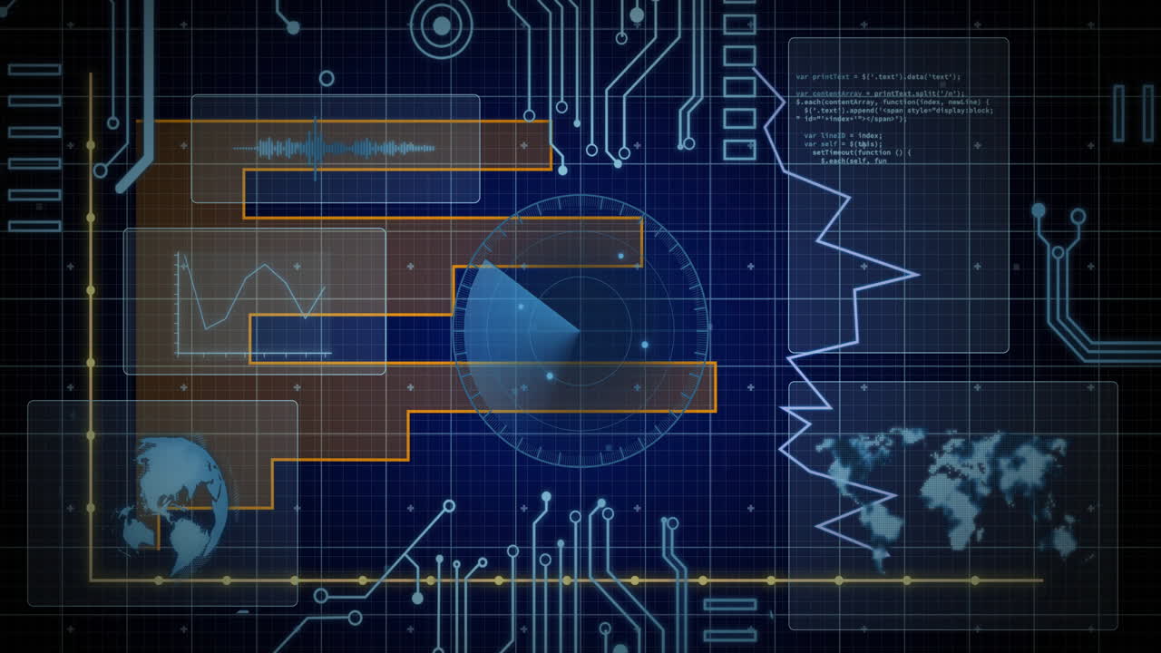 Central radar display spinning over dark blue grid layout, in flat design featuring waveform panel