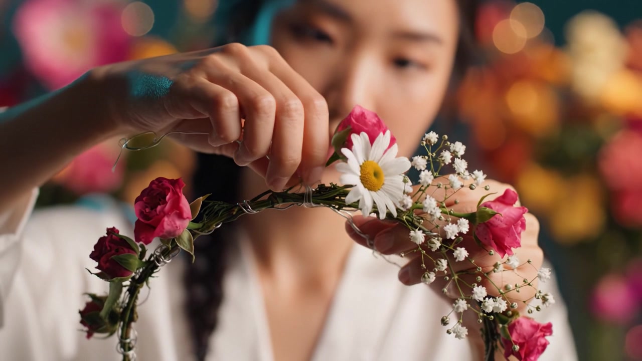 Création d'une magnifique couronne florale : une jeune femme confectionne un superbe arrangement floral avec diverses fleurs et décorations délicates sur un fond coloré