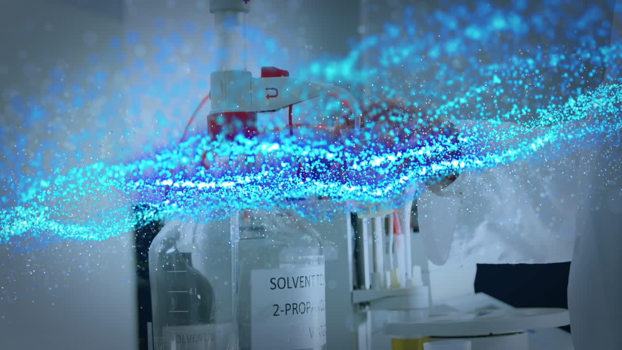 Scientist handling pipettes at bench by solvent bottle, showing lab technology with digital overlay