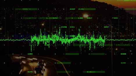 Animation-of-soundwaves-and-numbers-over-time-lapse-of-vehicles-on-street-and-silhouette-cityscape