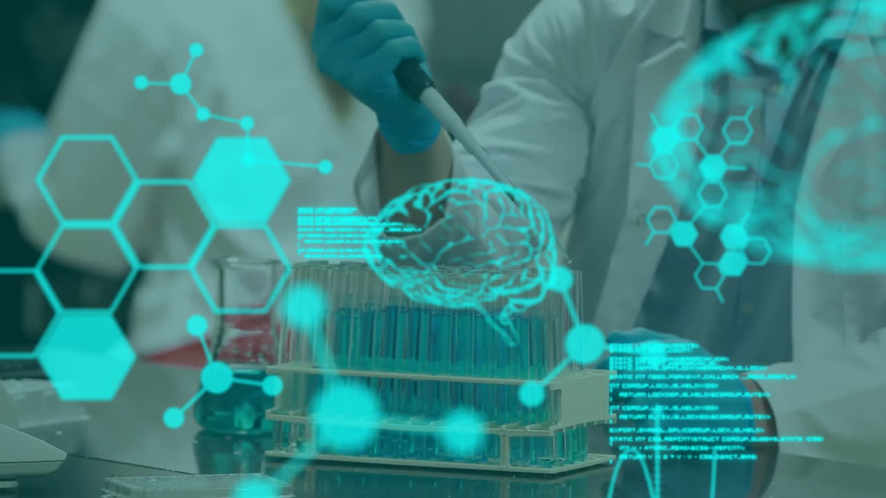 Animation of digital brain and data processing over caucasian male scientist in lab