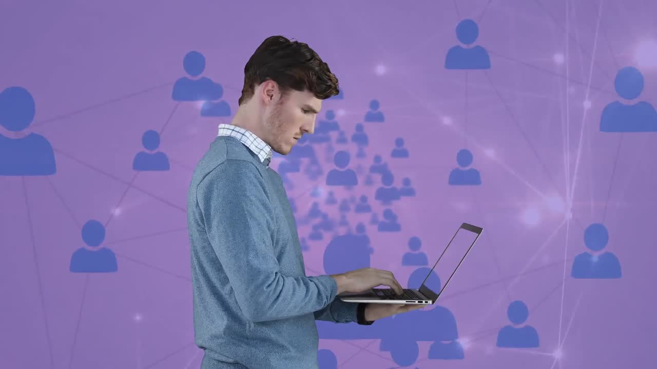 анимация сети соединений через бизнесмена с помощью ноутбука