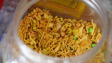 nepalese snacks in a bix in a snack shop in kathmandu, nepal