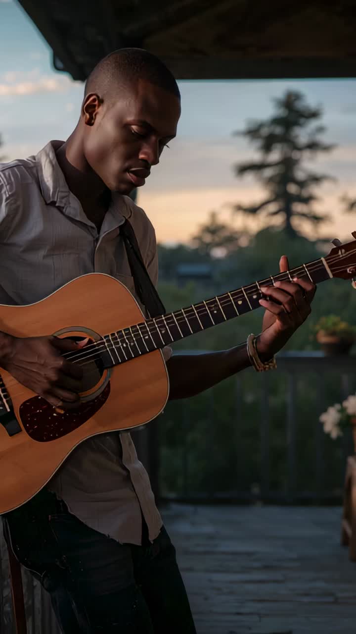 Vertical video: Playing man plucking, strumming guitar on porch as sun sets, wearing shirt to relax