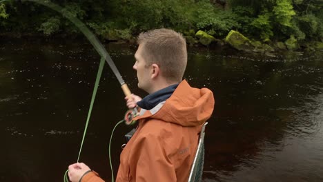 close-up shot of a fisherman casting his fly fishing rod multiple times into a river