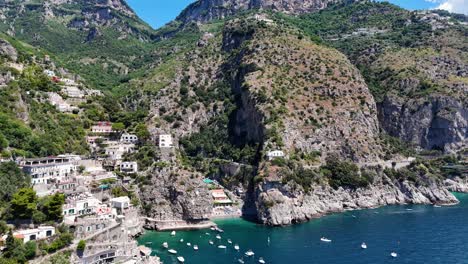 Sweeping-Drone-Panorama-of-Marina-Di-Praia-Beach’s-Beauty,-Amalfi-Coast,-Campania-Region,-Italy