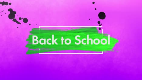 Animation-of-back-to-school-text-on-green-brush-stroke-with-black-splodges-on-purple-background