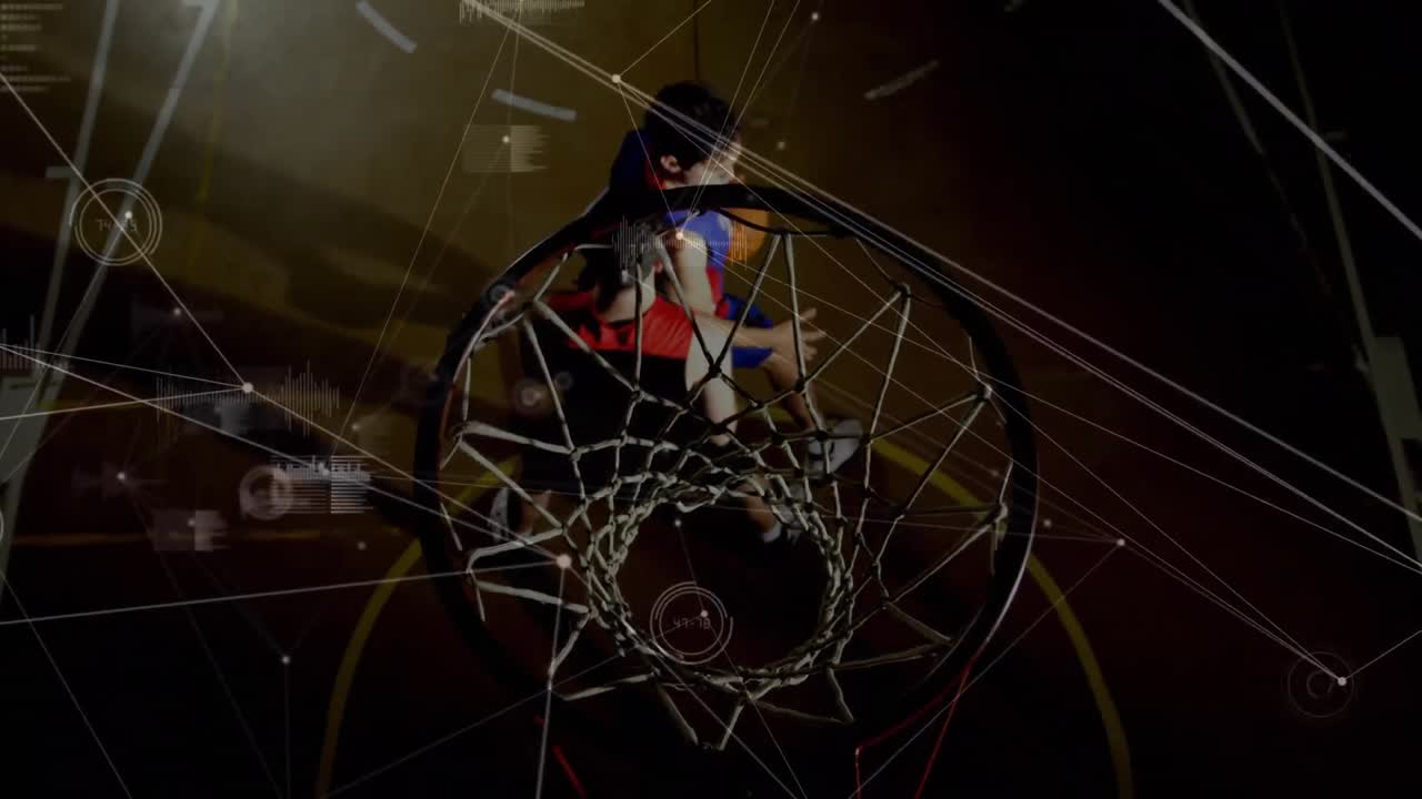 animación del procesamiento de datos y redes de conexiones entre diversos jugadores de baloncesto en el gimnasio