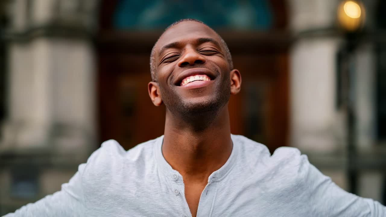 A joyous man embraces life with a radiant smile in a beautiful outdoor setting, capturing the essence of happiness and positivity in an uplifting moment