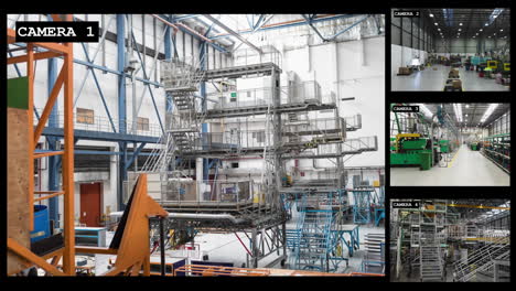 four security camera views of industrial warehouse and factory interiors, slow motion