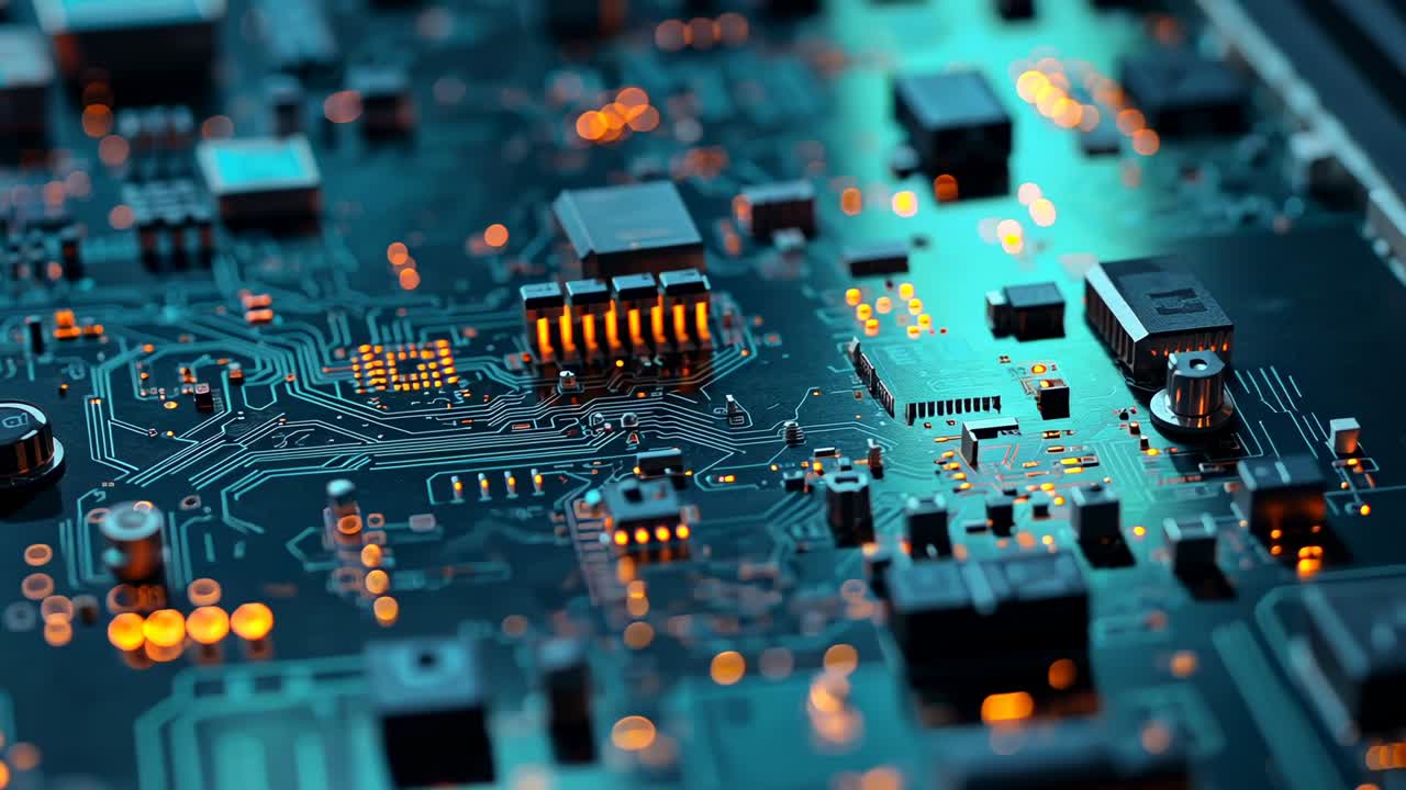 Upon recording start, camera panning across PCB traces in tech lab, showing chip and LED lights