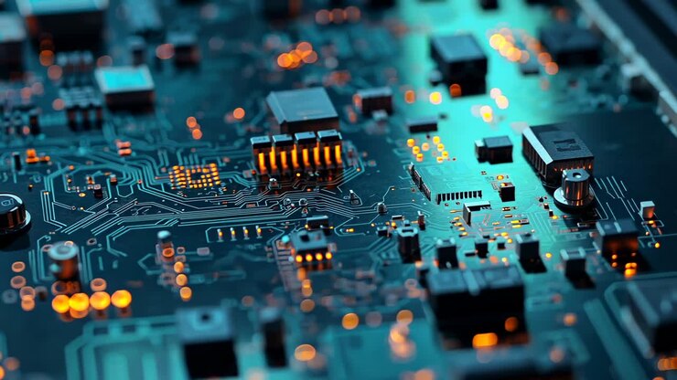 Upon recording start, camera panning across PCB traces in tech lab, showing chip and LED lights
